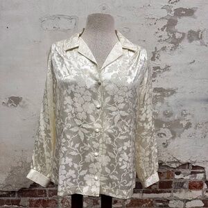 Vintage Satin Cream Floral Embossed Blouse by Koret of California Size 14